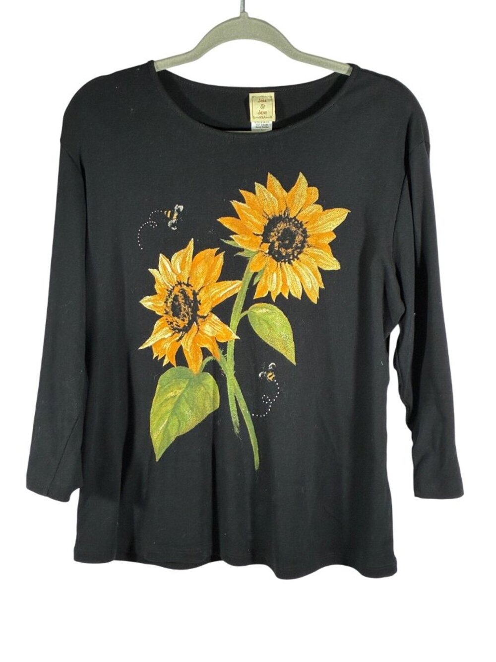 Jess & Jane Womens Black Sunflower Print 3/4 Sleeve Cotton Top L Made In USA art